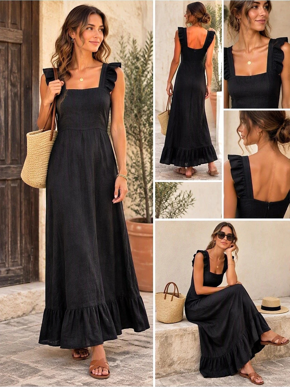 Lido Maxi Dress Cotton-Linen in Black Size Medium NWT